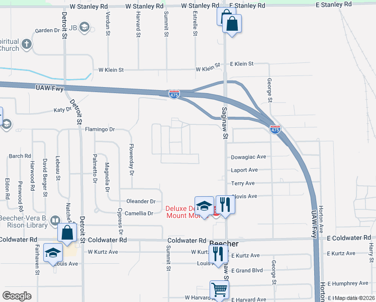 map of restaurants, bars, coffee shops, grocery stores, and more near 48 Sunny Lane in Mount Morris