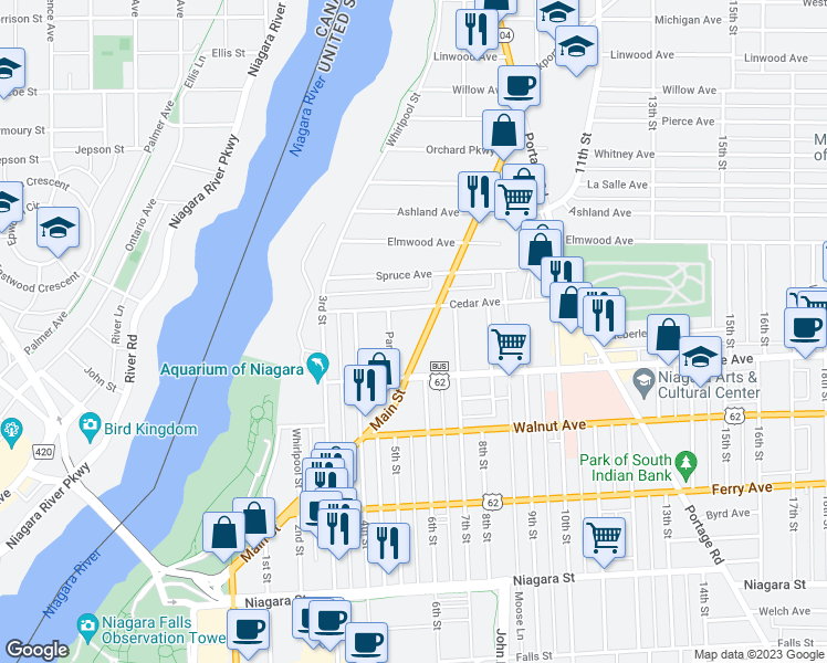 map of restaurants, bars, coffee shops, grocery stores, and more near 746 Main Street in Niagara Falls