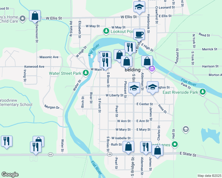 map of restaurants, bars, coffee shops, grocery stores, and more near 315 West Washington Street in Belding