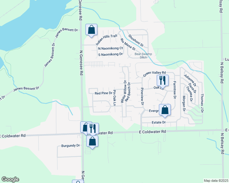 map of restaurants, bars, coffee shops, grocery stores, and more near 699 Pin Oak Lane in Flint