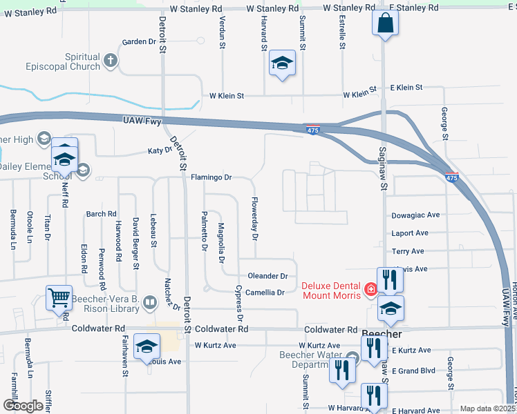 map of restaurants, bars, coffee shops, grocery stores, and more near 6214 Flowerday Drive in Mount Morris