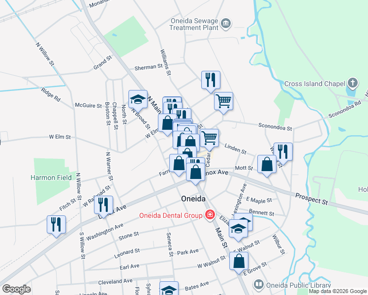 map of restaurants, bars, coffee shops, grocery stores, and more near 102 North Main Street in Oneida