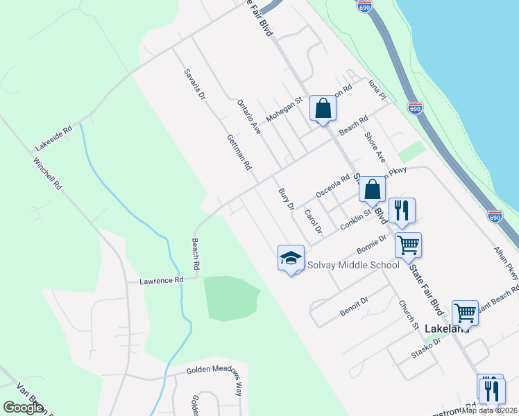 map of restaurants, bars, coffee shops, grocery stores, and more near 371 Beach Road in Syracuse