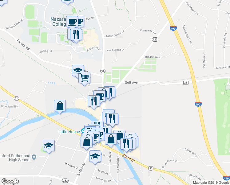 map of restaurants, bars, coffee shops, grocery stores, and more near 21 Washington Road in Pittsford