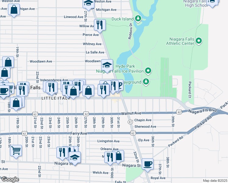 map of restaurants, bars, coffee shops, grocery stores, and more near 2926 Grand Avenue in Niagara Falls