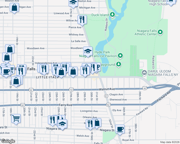 map of restaurants, bars, coffee shops, grocery stores, and more near 2926 Grand Avenue in Niagara Falls