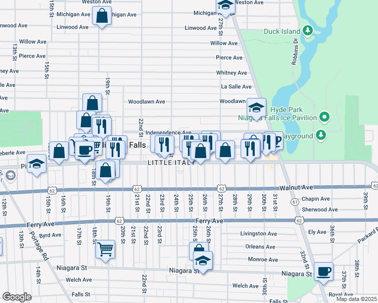 map of restaurants, bars, coffee shops, grocery stores, and more near 2442 Grand Avenue in Niagara Falls