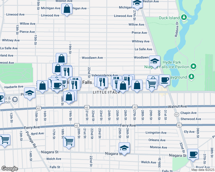 map of restaurants, bars, coffee shops, grocery stores, and more near 2402 Grand Avenue in Niagara Falls
