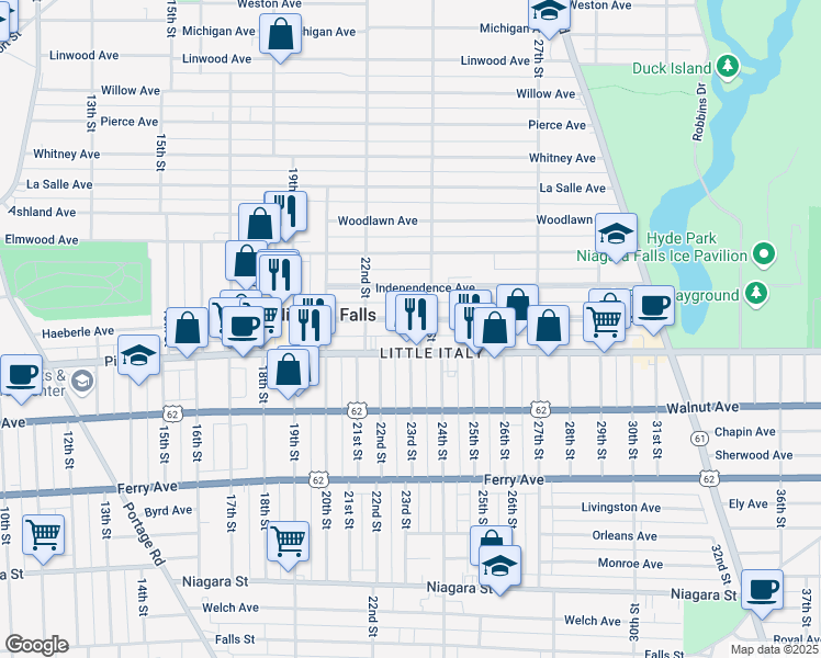 map of restaurants, bars, coffee shops, grocery stores, and more near 2230 Grand Avenue in Niagara Falls