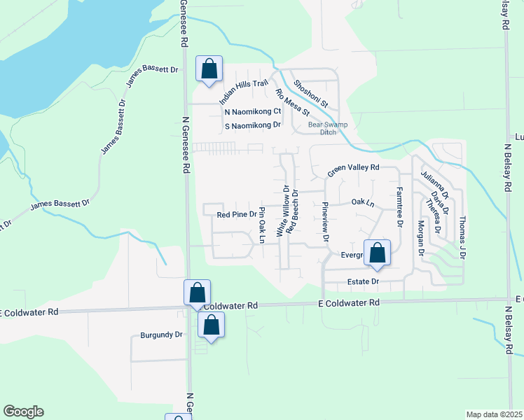 map of restaurants, bars, coffee shops, grocery stores, and more near 699 Pin Oak Lane in Flint