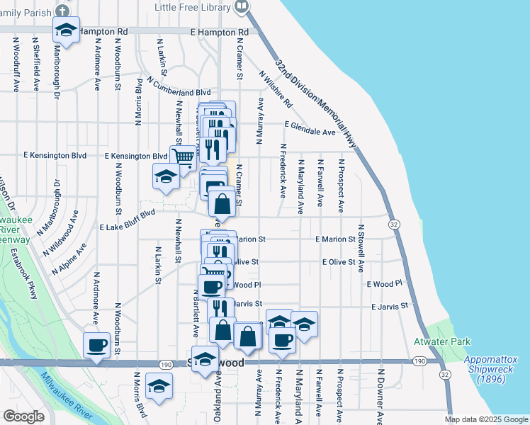 map of restaurants, bars, coffee shops, grocery stores, and more near 4425 North Murray Avenue in Shorewood