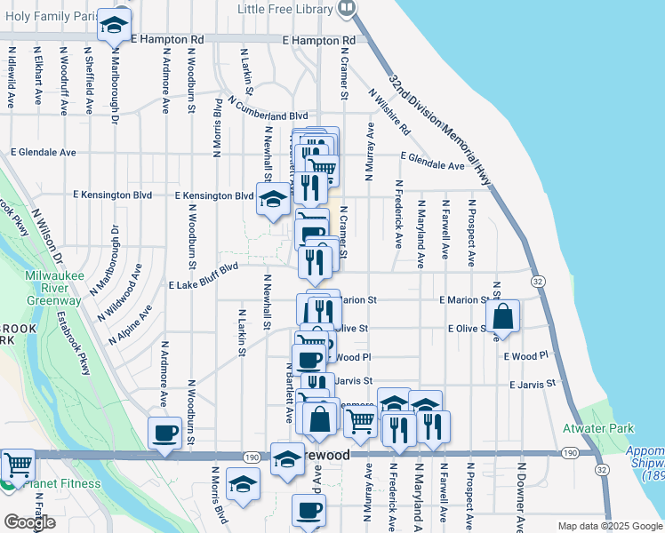 map of restaurants, bars, coffee shops, grocery stores, and more near 4425 North Cramer Street in Shorewood
