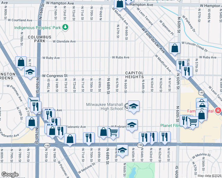 map of restaurants, bars, coffee shops, grocery stores, and more near 4349 North 67th Street in Milwaukee