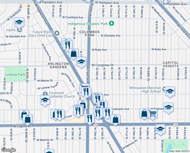 map of restaurants, bars, coffee shops, grocery stores, and more near 4346 North 76th Street in Milwaukee