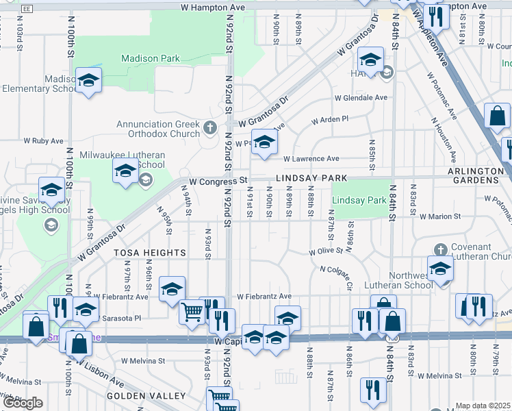 map of restaurants, bars, coffee shops, grocery stores, and more near 4362 North 91st Street in Milwaukee