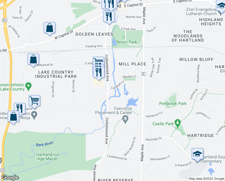 map of restaurants, bars, coffee shops, grocery stores, and more near 100 Cardinal Lane in Hartland