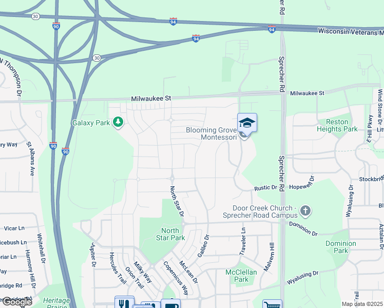 map of restaurants, bars, coffee shops, grocery stores, and more near 6126 Stoney Oak Lane in Madison