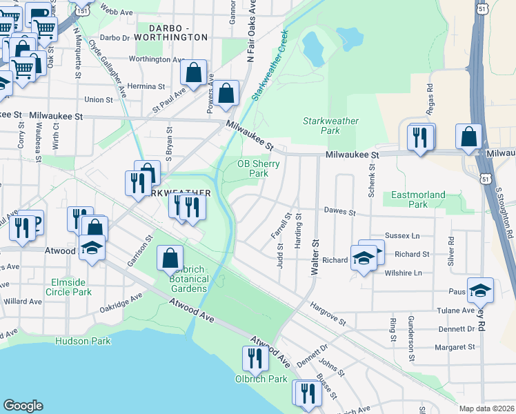 map of restaurants, bars, coffee shops, grocery stores, and more near 3430 Dawes Street in Madison