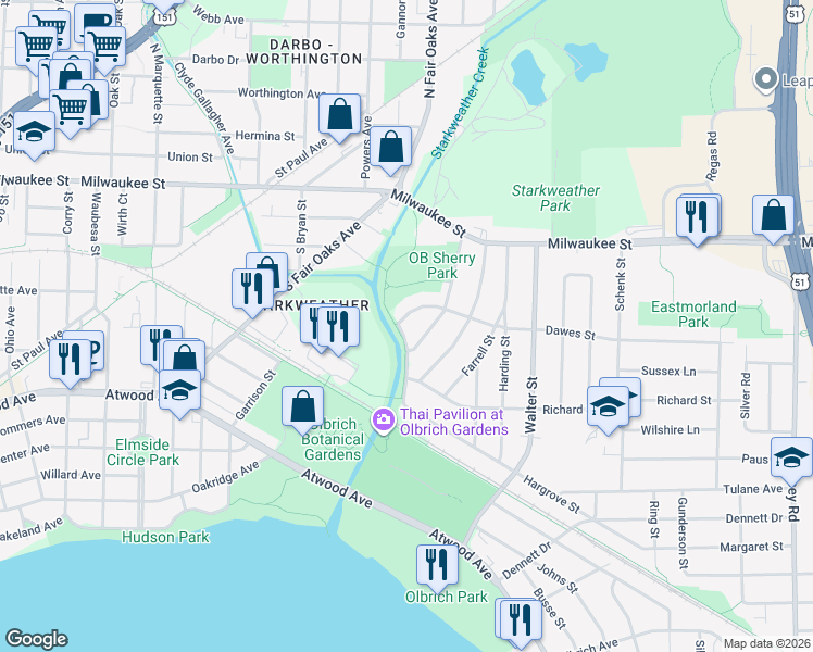 map of restaurants, bars, coffee shops, grocery stores, and more near 3430 Dawes Street in Madison