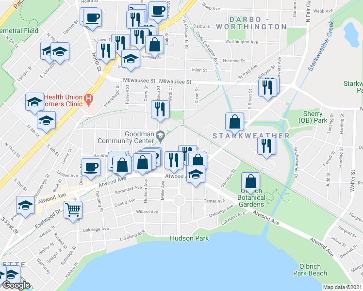 map of restaurants, bars, coffee shops, grocery stores, and more near 121 South Marquette Street in Madison