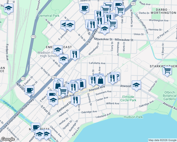 map of restaurants, bars, coffee shops, grocery stores, and more near 142 Jackson Street in Madison