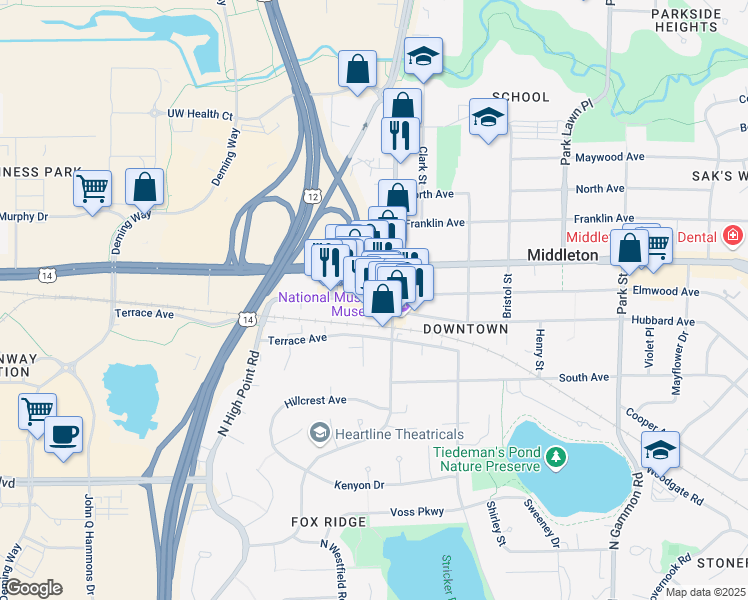 map of restaurants, bars, coffee shops, grocery stores, and more near 7515 University Avenue in Middleton