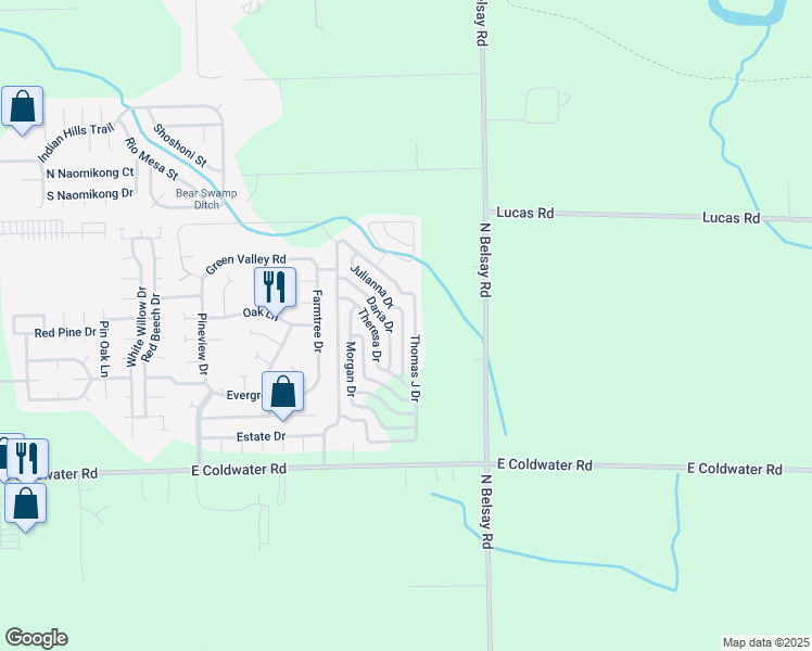 map of restaurants, bars, coffee shops, grocery stores, and more near 874 Julianna Drive in Flint