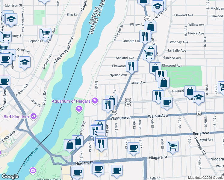 map of restaurants, bars, coffee shops, grocery stores, and more near 424 Cedar Avenue in Niagara Falls