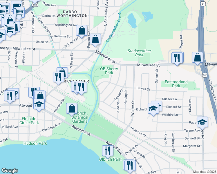 map of restaurants, bars, coffee shops, grocery stores, and more near 3430 Dawes Street in Madison