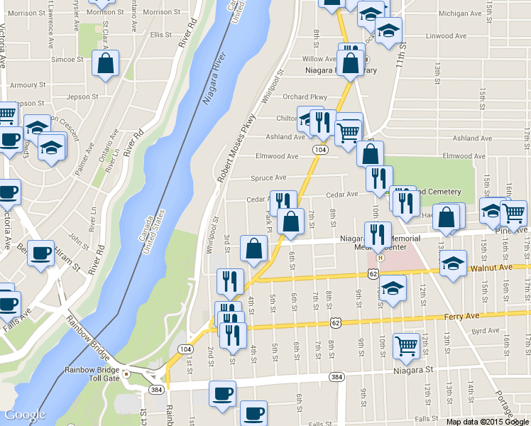 map of restaurants, bars, coffee shops, grocery stores, and more near 740 Park Place in Niagara Falls