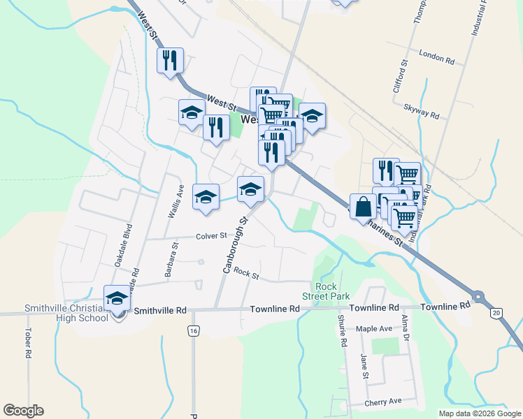 map of restaurants, bars, coffee shops, grocery stores, and more near 148 Niagara Regional Road 14 in Smithville