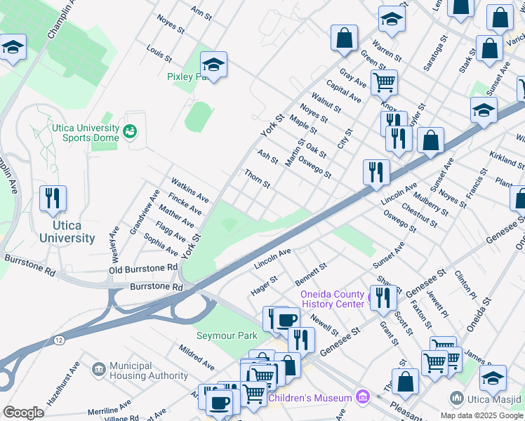 map of restaurants, bars, coffee shops, grocery stores, and more near 1312 Butternut Street in Utica