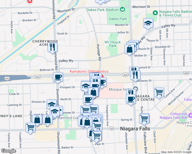 map of restaurants, bars, coffee shops, grocery stores, and more near 5880 Biamonte Crescent in Niagara Falls