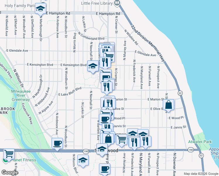 map of restaurants, bars, coffee shops, grocery stores, and more near 4414 North Oakland Avenue in Shorewood