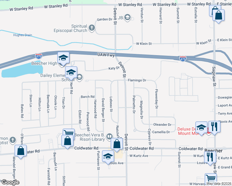 map of restaurants, bars, coffee shops, grocery stores, and more near 6230 Natchez Drive in Mount Morris