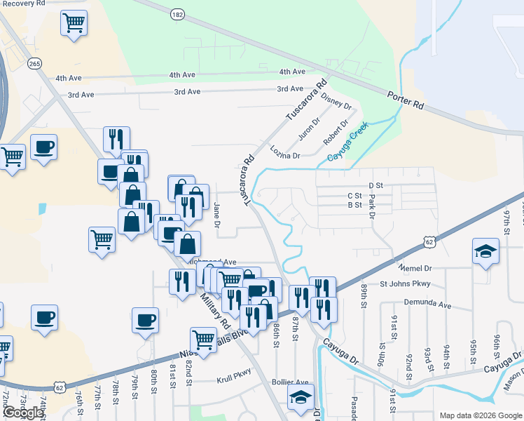 map of restaurants, bars, coffee shops, grocery stores, and more near 1219 West Creek Drive in Niagara County