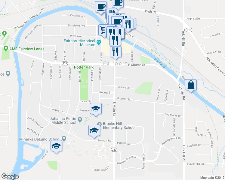 map of restaurants, bars, coffee shops, grocery stores, and more near 158 South Main Street in Fairport