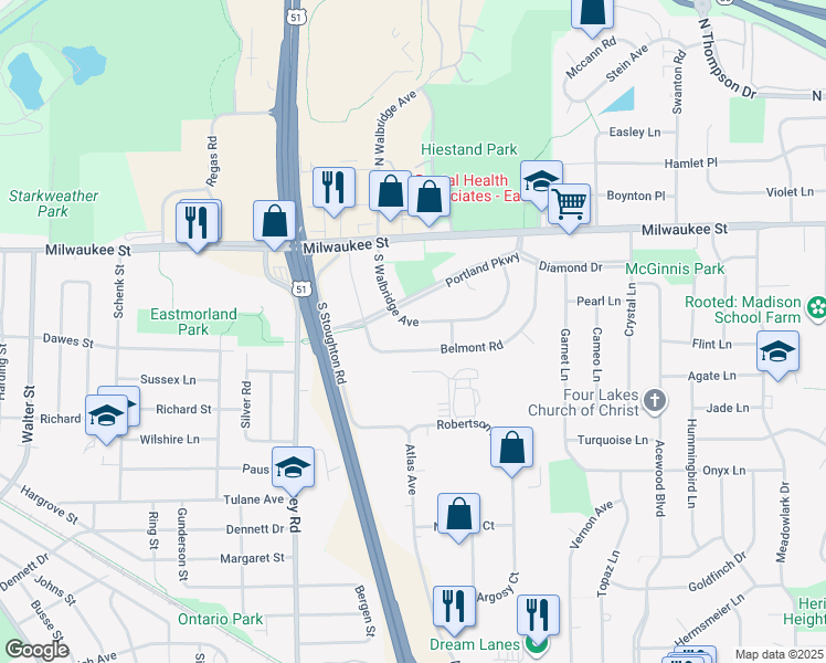 map of restaurants, bars, coffee shops, grocery stores, and more near 125 South Walbridge Avenue in Madison
