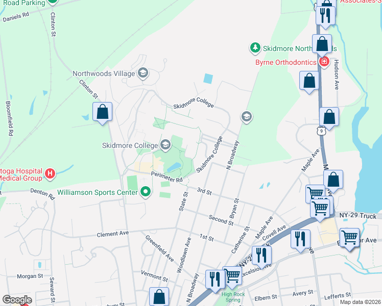 map of restaurants, bars, coffee shops, grocery stores, and more near 815 North Broadway in Saratoga Springs