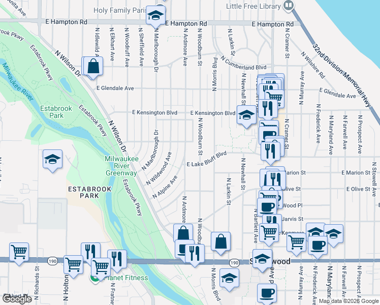 map of restaurants, bars, coffee shops, grocery stores, and more near 4420 North Ardmore Avenue in Shorewood