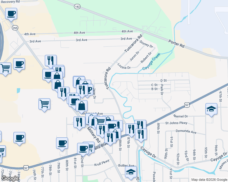 map of restaurants, bars, coffee shops, grocery stores, and more near 1219 West Creek Drive in Niagara County