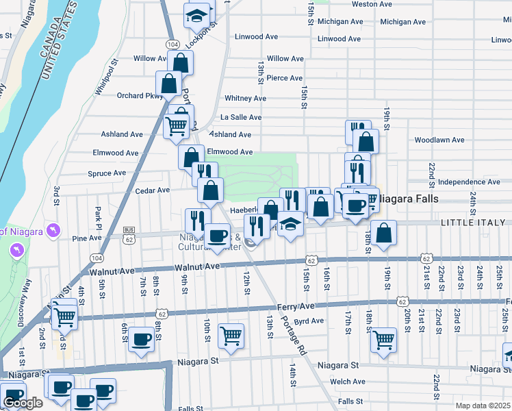 map of restaurants, bars, coffee shops, grocery stores, and more near 1158 Haeberle Avenue in Niagara Falls