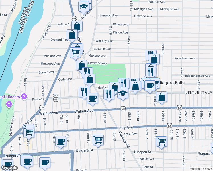 map of restaurants, bars, coffee shops, grocery stores, and more near 1158 Haeberle Avenue in Niagara Falls