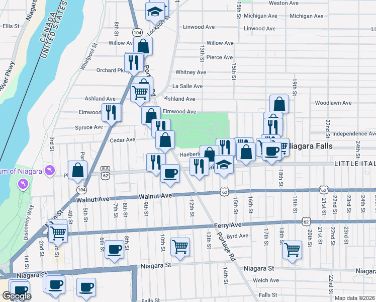 map of restaurants, bars, coffee shops, grocery stores, and more near 753 Portage Road in Niagara Falls