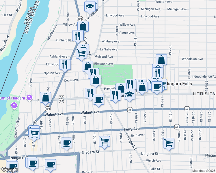 map of restaurants, bars, coffee shops, grocery stores, and more near 753 Portage Road in Niagara Falls