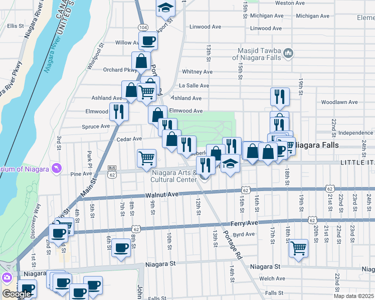 map of restaurants, bars, coffee shops, grocery stores, and more near 753 Portage Road in Niagara Falls