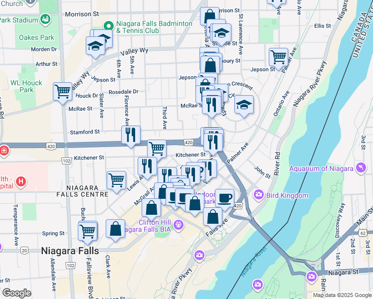 map of restaurants, bars, coffee shops, grocery stores, and more near 5363 Second Avenue in Niagara Falls