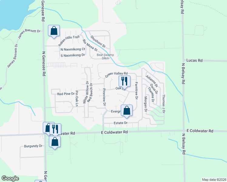 map of restaurants, bars, coffee shops, grocery stores, and more near 69 Eucalyptus Court in Flint