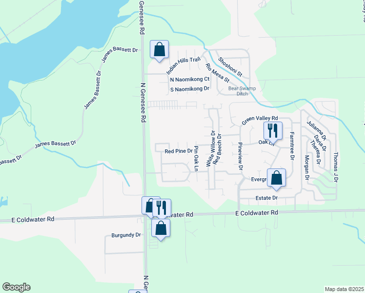 map of restaurants, bars, coffee shops, grocery stores, and more near 6208 North Genesee Road in Flint