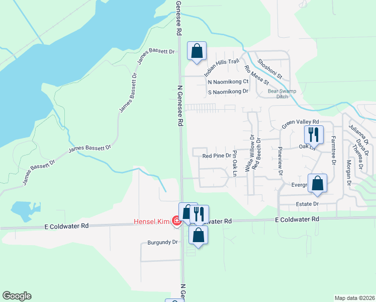 map of restaurants, bars, coffee shops, grocery stores, and more near 6186 North Genesee Road in Flint